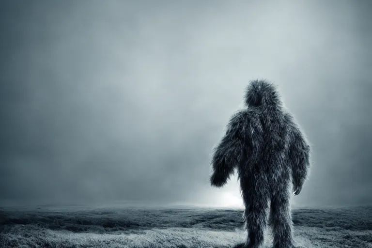 Prompt: a giant terrifying monster made out of detailed fur, standing faraway in the far distance, realism, photo realistic, high quality, misty, hazy, ambient lighting, cinematic lighting, studio quality, scary,