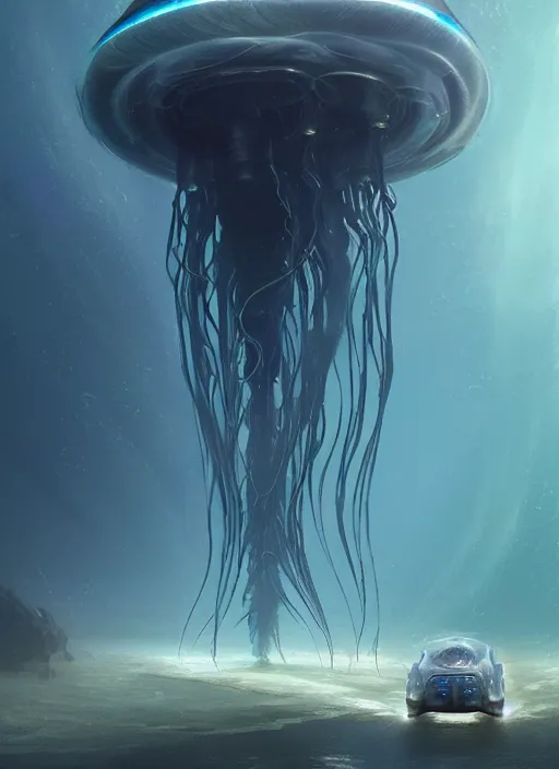 Image similar to jellyfish alien vehicle, sparks, ultra realistic, underwater temple, cinematic lighting, machines, highly detailed, sharp focus, artstation, masterpiece, art by greg rutkowski