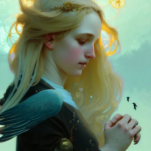 Image similar to An angelic girl with blonde hair, glowing halo, surrounded by crows, fantasy, intricate, elegant, highly detailed, digital painting, artstation, concept art, smooth, sharp focus, illustration, art by Krenz Cushart and Artem Demura and alphonse mucha