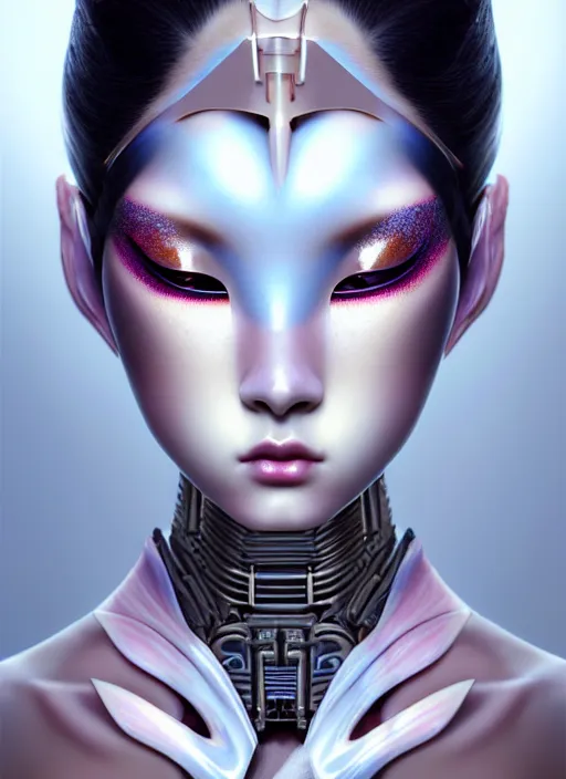 Image similar to organic seductive Geisha cyborg, pearlescent skin, diffuse lighting, fantasy, intricate, elegant, highly detailed, lifelike, photorealistic, digital painting, artstation, illustration, concept art, different full body view, smooth, sharp focus, art by John Collier and Albert Aublet and Leonardo da vinci and Krenz Cushart and Artem Demura and Alphonse Mucha