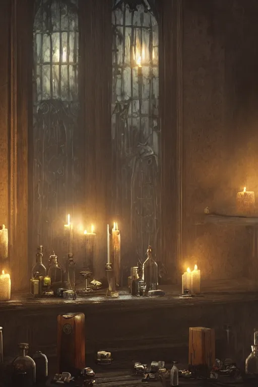 Prompt: a matte painting gothic counter parlor with bottles of potions and flickering candles by greg rutkowski