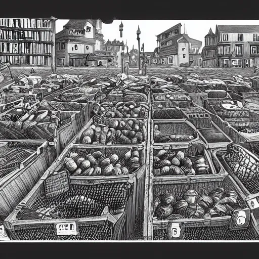 Image similar to a black and white drawing of a busy fish market stretching to the horizon, a storybook illustration by mattias adolfsson, behance contest winner, modern european ink painting, matte drawing, storybook illustration, panoramic, isometric