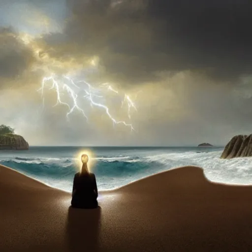 Image similar to a highly detailed tarot card of a large cross standing on the beach as a storm comes in with the tide, woman sitting in the sand watching the ocean, epic fantasy, god rays, rocky beach, ultrawide lense, aerial photography, unreal engine, exquisite detail, 8 k, art by albert bierstadt and greg rutkowski and jeong seon