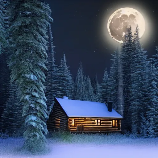 Prompt: Cabin in the woods, photorealistic, nighttime, bright moon, snow, snowy trees, snow storm, Lights from inside the house, raytracing, godrays, smokey chimney, cozy, forest, trees, extremely-detailed digital art, Trending on art station, 8k