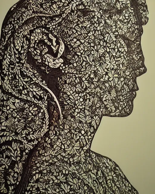 Image similar to a woman's face in profile, made of intricate decorative lace leaves, in the style of casey weldon