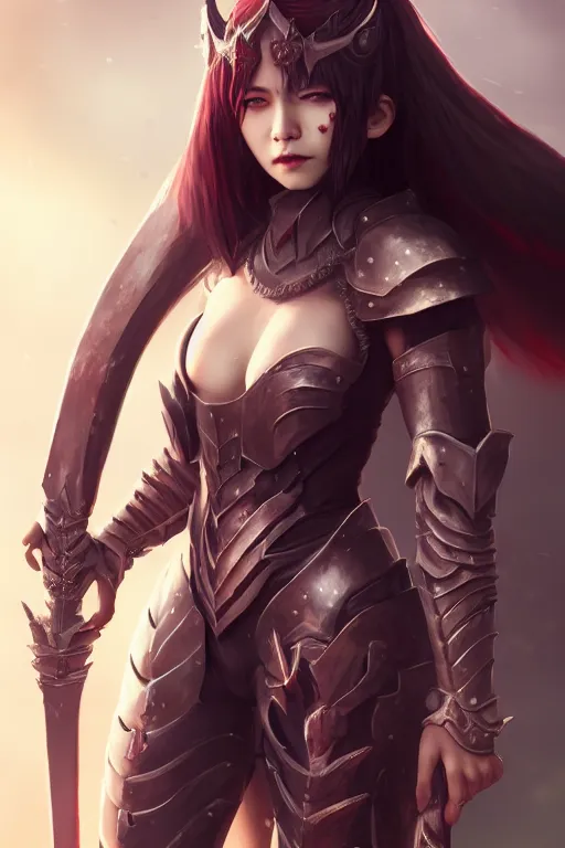 Image similar to full body portrait of a barefoot female vampire warrior by guweiz, barefoot, heavy plate armor, two - handed sword, lithe, athletic, beautiful, detailed, realistic armor, anatomically accurate, guweiz, z. w. gu on artstation, 4 k.