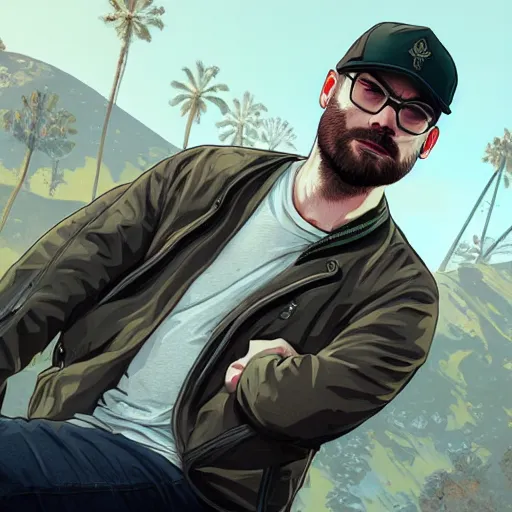 Image similar to Northernlion (Ryan Letourneau) in GTA 5 loading screen, intricate, highly detailed, digital painting, artstation, concept art, sharp focus, illustration, art by greg rutkowski and alphonse mucha