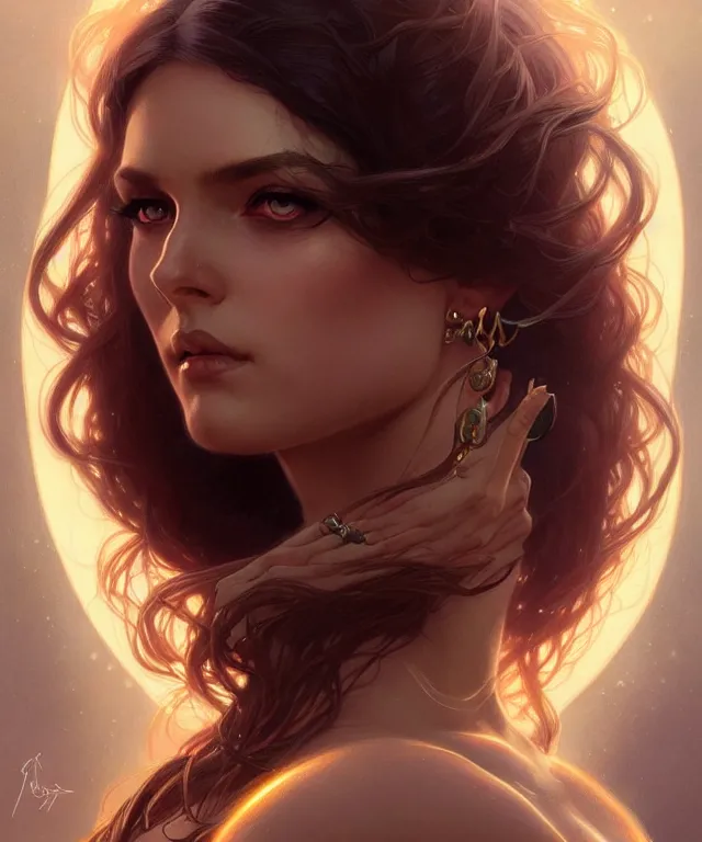 Image similar to fantasy magic woman portrait, sci-fi, amber eyes, face, long hair, fantasy, intricate, elegant, highly detailed, digital painting, artstation, concept art, smooth, sharp focus, illustration, art by artgerm and greg rutkowski and alphonse mucha