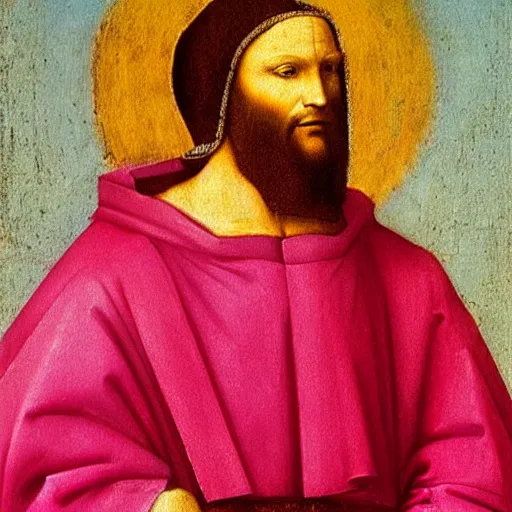 Prompt: an oil painting by leonardo da Vinci of a 12th century monk wearing a hot pink leather robe