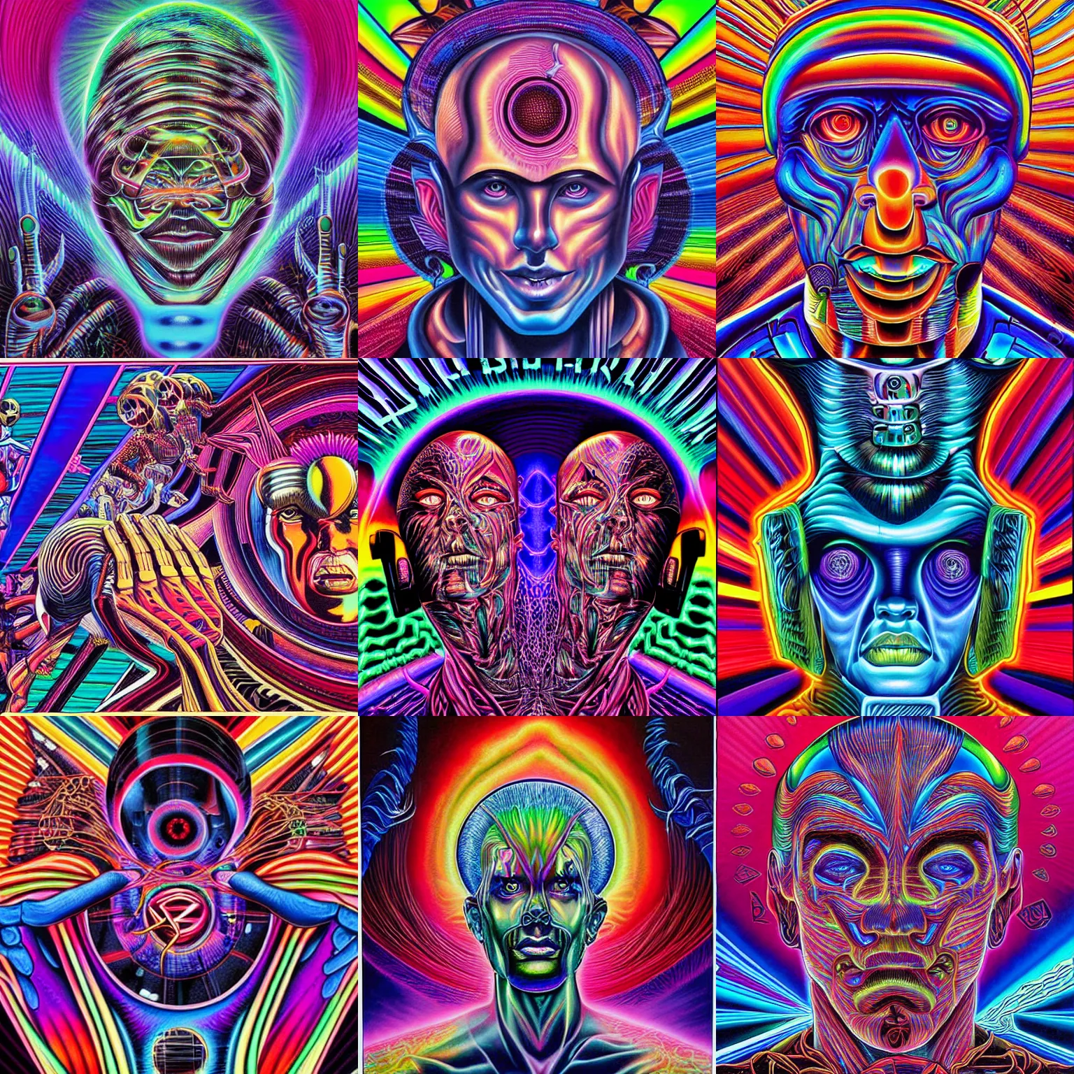 Prompt: synthwave painting by alex grey, android jones, chris dyer, and aaron brooks