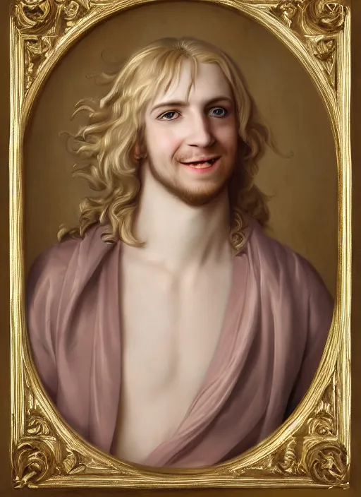 Image similar to portrait of a smiling blond handsome man with long hair in baroque art, anime inspired, High Res 8K,hyperdetailed