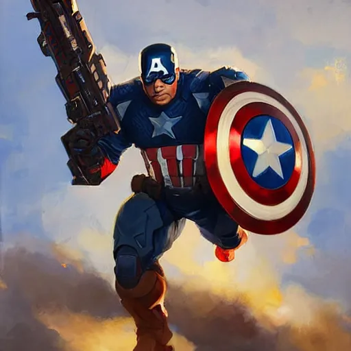 Image similar to greg manchess portrait painting of heavily armored captain america as overwatch character, totally whack, medium shot, asymmetrical, profile picture, organic painting, sunny day, matte painting, bold shapes, hard edges, street art, trending on artstation, by huang guangjian and gil elvgren and sachin teng