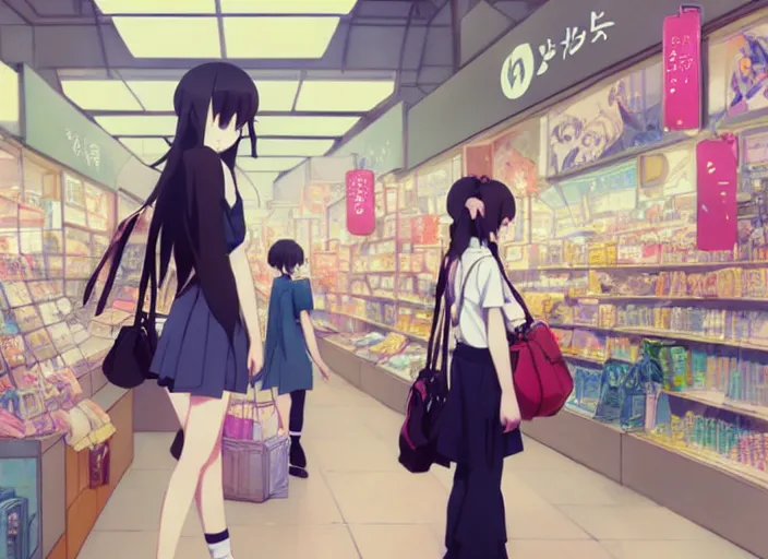 Image similar to portrait of a cute girl shopping at the mall, rule of thirds, illustration concept art anime key visual, trending pixiv fanbox by wlop and greg rutkowski and makoto shinkai and studio ghibli and kyoto animation