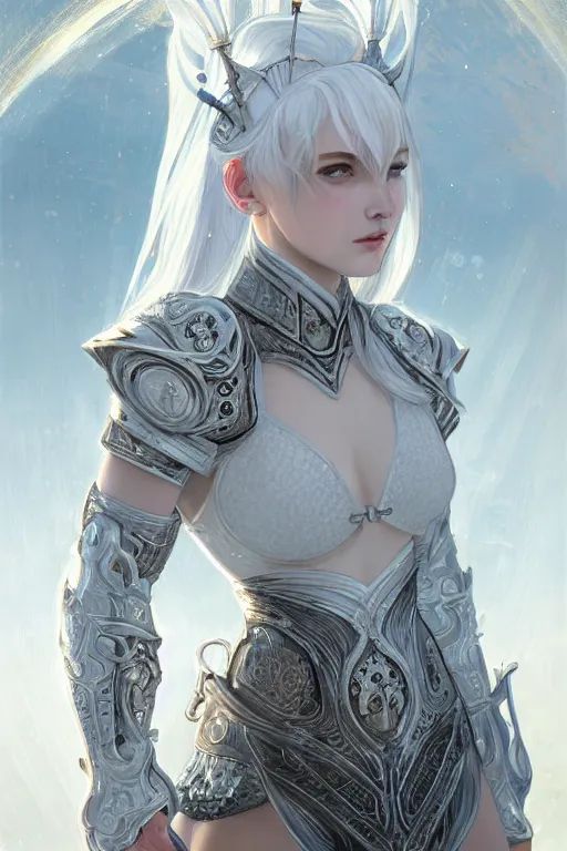 Image similar to portrait white hair knights of Zodiac girl, Sliver ice color reflected armor, in ruined Agora of Athens Sunrise, ssci-fi and fantasy, intricate and very very beautiful and elegant, highly detailed, digital painting, artstation, concept art, smooth and sharp focus, illustration, art by tian zi and WLOP and alphonse mucha