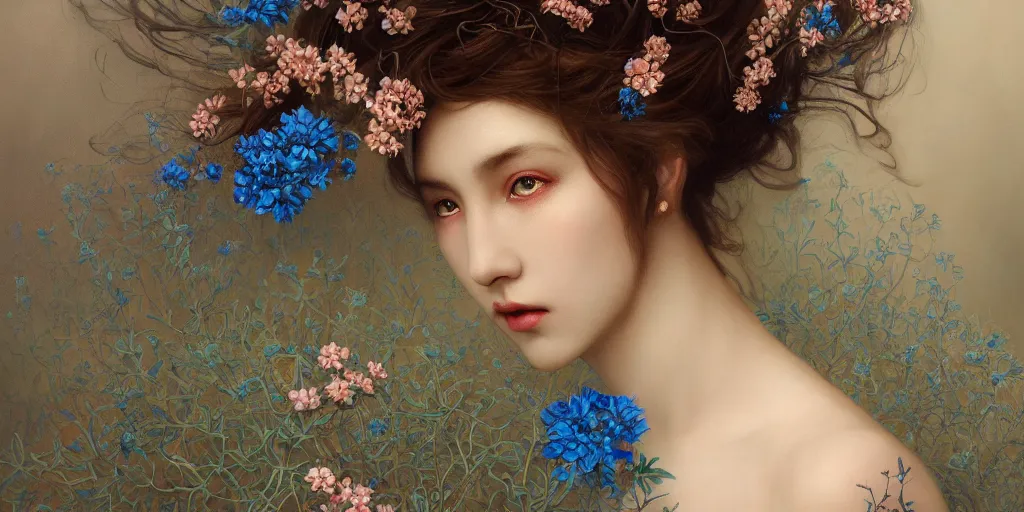 Image similar to breathtaking detailed concept art painting portrait of the goddess of nemophila flowers, orthodox saint, with anxious piercing eyes, ornate background, amalgamation of leaves and flowers, by hsiao - ron cheng, extremely moody lighting, 8 k