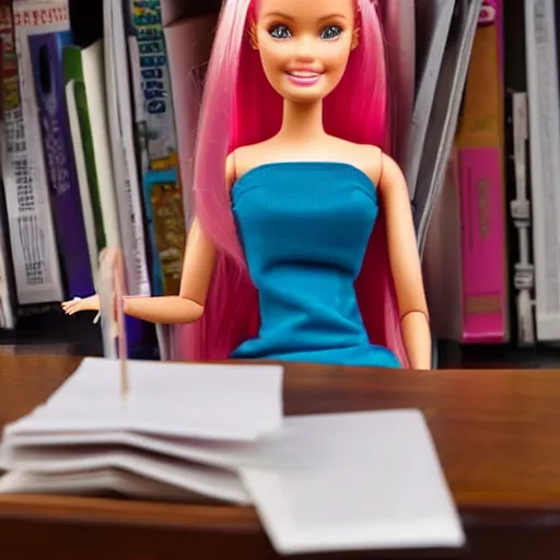 Image similar to a tired!!!!! and sad!!!!! barbie doll sits at a desk in her office. the desk is overflowing!!! with several large stacks!!! of paper that surround!!! her entirely. her head is resting on her hand, photorealistic,