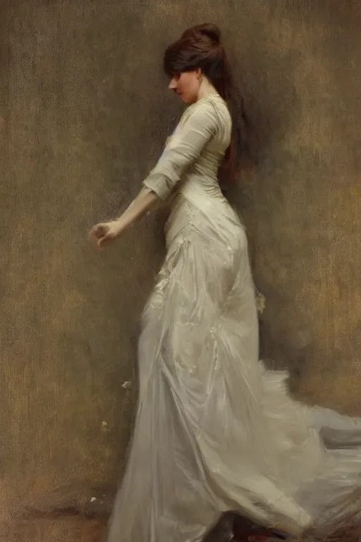 Prompt: Solomon Joseph Solomon and Richard Schmid and Jeremy Lipking victorian genre painting full length portrait painting of a young beautiful woman victorian rich dancer