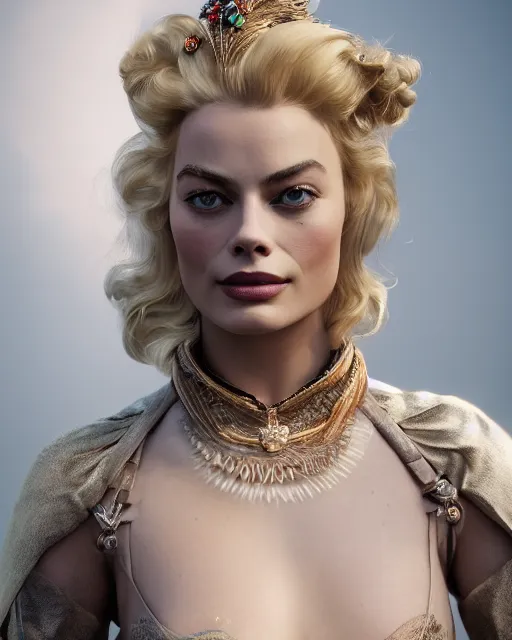 Image similar to Margot Robbie as milady de winter, styling by Tom Eerebout & Sandra Amador, clear makeup, clean hair, dry skin, clear skin, airbrushed, bright eye makeup, warrior body, photo by mario testino, 8k octane render, cinematic, hyper detailed, micro details, insanely detailed, trending on artstation, concept art