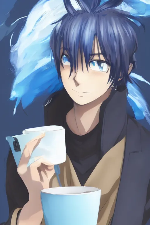 Image similar to portrait of an anime guy with messy blue hair bored while holding a cup of water, wlop, trending on artstation, deviantart, anime key visual, official media, professional art, 8 k uhd