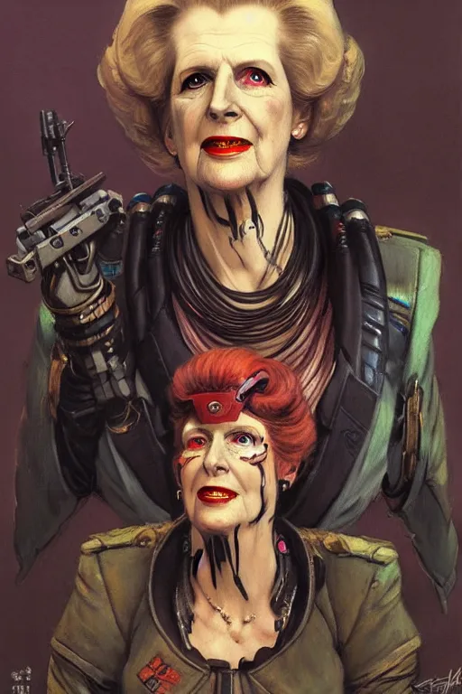 Image similar to cyberpunk margaret thatcher, character design, painting by gaston bussiere, katsuya terada, frank frazetta, tom of finland, trending on artstation