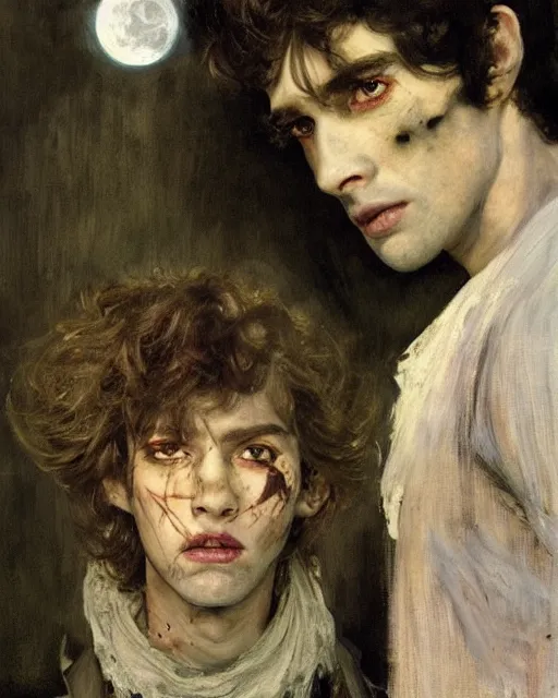 Image similar to two handsome but creepy siblings in layers of fear, with haunted eyes and wild hair, 1 9 7 0 s, seventies, wallpaper, a little blood, moonlight showing injuries, delicate embellishments, painterly, offset printing technique, by coby whitmore, jules bastien - lepage