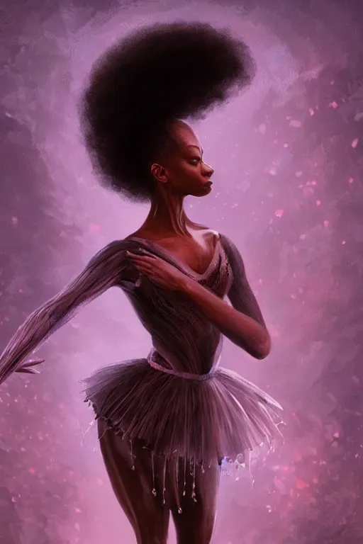 Image similar to black prima ballerina, gorgeous, ethereal, intricate, elegant, volumetric lighting, nature scenery, digital painting, highly detailed, artstation, sharp focus, illustration, concept art, clive barker