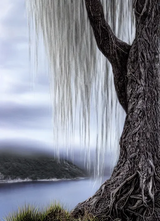 Prompt: nature photograph of a weeping willow with black bark and silver leaves sitting on a cliff in the style of stefan kostic, realistic, half body shot, sharp focus, 8 k high definition, insanely detailed, intricate, elegant, art by stanley lau and artgerm, luis royo, cloudy background