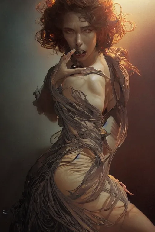 Prompt: extremely ugly terrifying woman, dramatic shadows, dramatic lighting, intricate, elegant, highly detailed, digital painting, artstation, concept art, smooth, sharp focus, illustration, art by artgerm and greg rutkowski and alphonse mucha