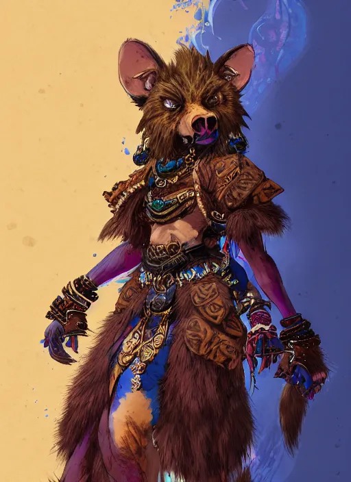 Prompt: Portrait of a female gnoll mage with brown fur, emanating with blue aura, vibrant colours, chosen by the god, ornate eastern attire. In style of Yoji Shinkawa and Hyung-tae Kim, trending on ArtStation, dark fantasy, great composition, concept art, highly detailed, dynamic pose.