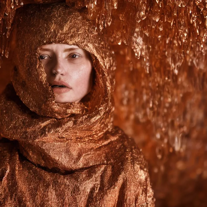 Image similar to closeup portrait of a woman wrapped in copper fiber, standing in skaftafell ice cave in iceland, color photograph, by vincent desiderio, canon eos c 3 0 0, ƒ 1. 8, 3 5 mm, 8 k, medium - format print