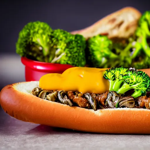 Image similar to photo shoot portrait of a delicious hot dog with broccoli and sardines, mustard, ketchup, detailed, uhd, 8k,