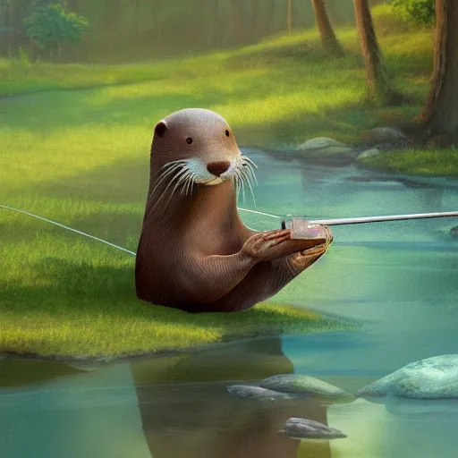 Prompt: painting of otter-fishman with fishing rod, stylized, octane render, morning forest river
