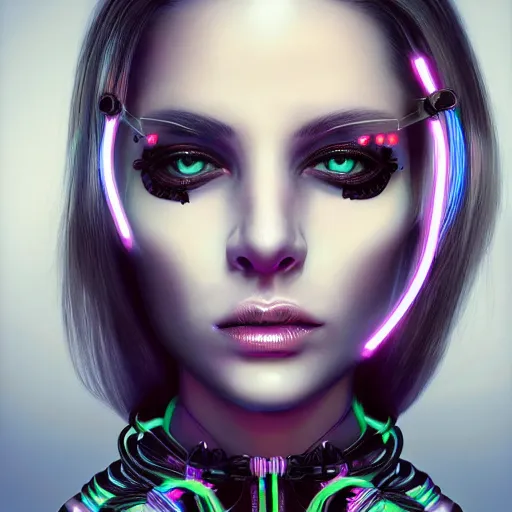 Prompt: very beautiful woman, bionic pupils, full face frontal centered, portrait, detailed intricate symmetrical ornate neon cables connected to face, clear lips, luxurious long hair, sophisticated futuristic neon fractal wiring and implants, translucent, chrome, porcelain, fractal, sci fi, dramatic lighting, photography, highly detailed, artstation, deviantart, 8 k, by chie yoshii