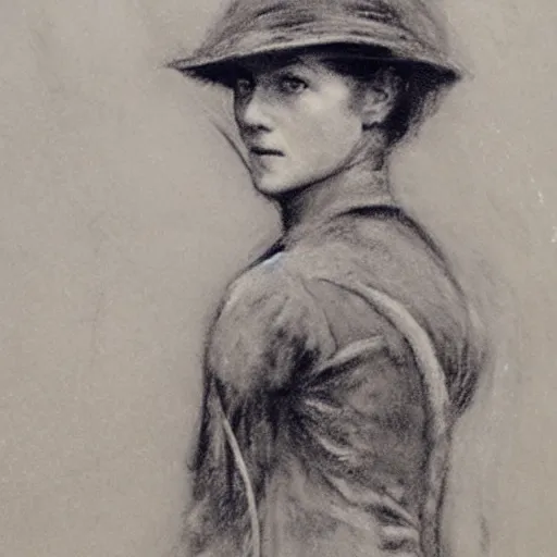 Image similar to ww 1 action heroine, by alfred stevens in charcoal