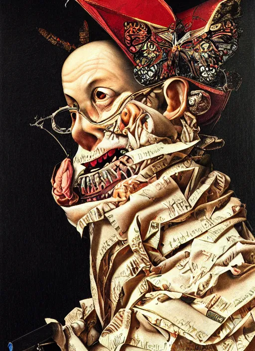 Prompt: detailed maximalist profile portrait a with large lips and eyes, exasperated expression, hd mixed media, 3 d collage, highly detailed and intricate, surreal illustration in the style of caravaggio, and todd schorr, dark art, baroque