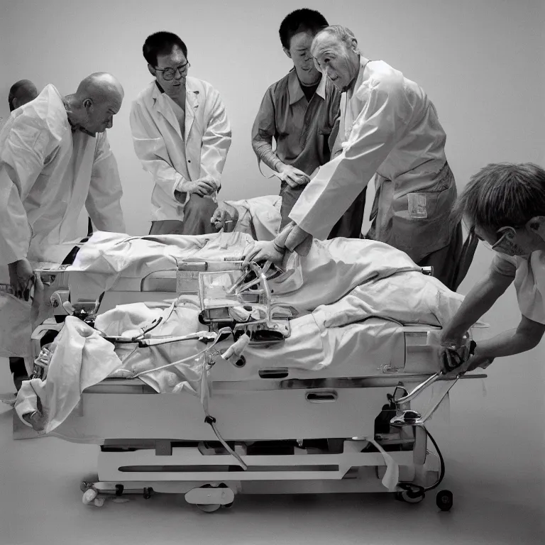 Image similar to chinese prisoner operating table cage surgeons ron mueck and duane hanson and lee bontecou and giacometti greig fraser canon eos r 3