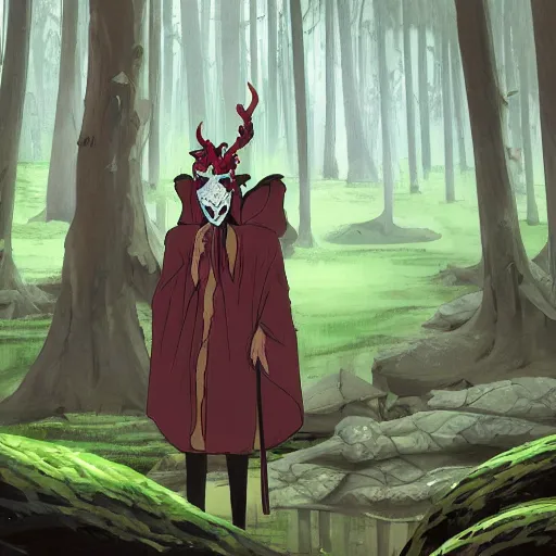 Image similar to concept art painting of an anthropomorphic dragon king with black robes, a long neck, and skull mask, in a deep forest, cel shaded, in the style of makoto shinkai and james gurney and studio ghibli and moebius