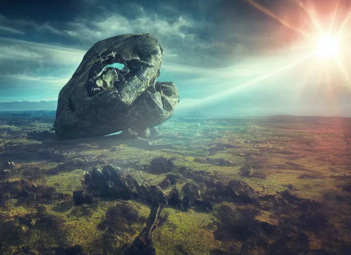Prompt: giant interdimensional rock creatures fall from the sky, a vast landscape, awe inspiring, wide angle, cinematographic photo, subtle lens flare