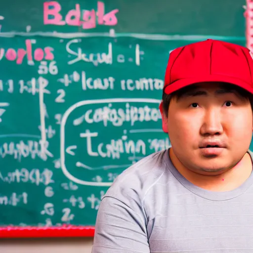 Image similar to fat kazakh guy in a red baseball cap teaching kids in school