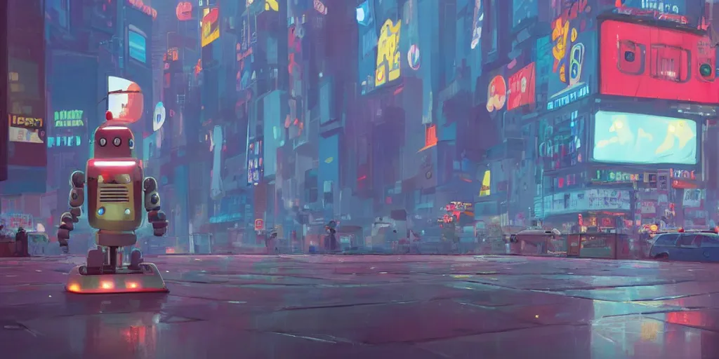 Prompt: cute cartoon robot in Times Square at night by Goro Fujita and Simon Stalenhag , 8k, trending on artstation, hyper detailed, cinematic