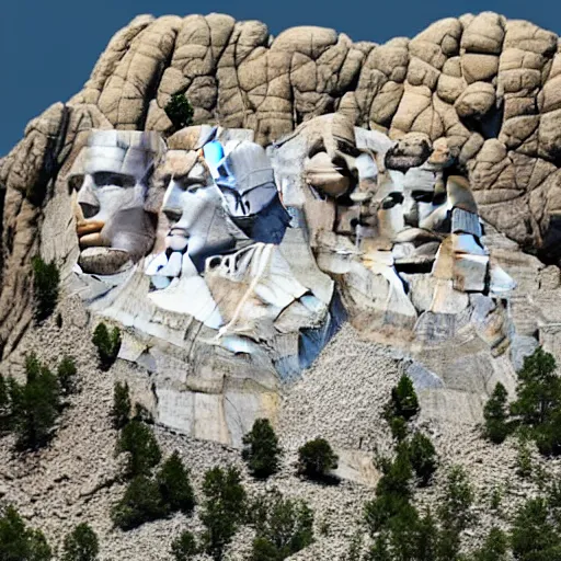 Image similar to a photo of mount rushmore after donald trump's face had been added. the photo clearly depicts the facial features of donald trump and his particular hair style carved into the stone at the mountain top, centered, balances, regal, pensive, powerful, just