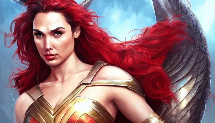 Image similar to painting of gal gadot as muscular and beautiful valkyrie with long red hair, fantasy art, full shot, atmospheric lightning, by artgerm