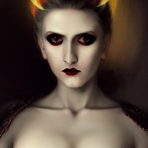 Prompt: Demonic beautiful vampire white-haired young woman mistress of death mourning widow vintage gown with a faint smile dark lipstick macro golden iris wearing dark clouds fog smoke and fire as clothes, colourful trending artstation, detailed portrait academic caravaggio Bouguereau, sharp focus medium shot