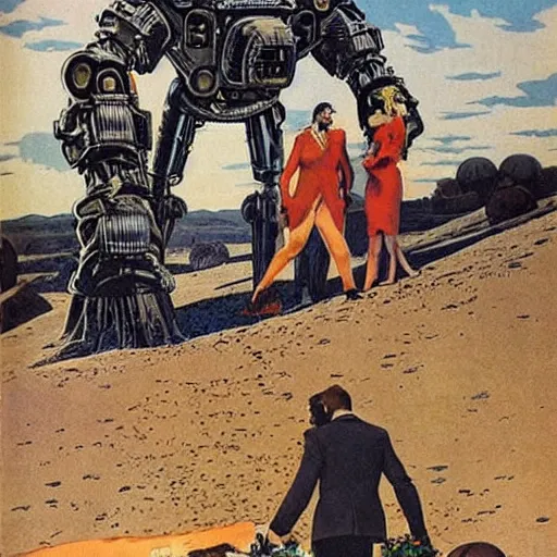 Prompt: i wouldn't marry you if you were the last man on earth!, apocalypse wedding, crying sad miserable unhappy bride, laughing groom, doomsday, radiation, nuclear holocaust by robert mcginnis and chesley bonestell