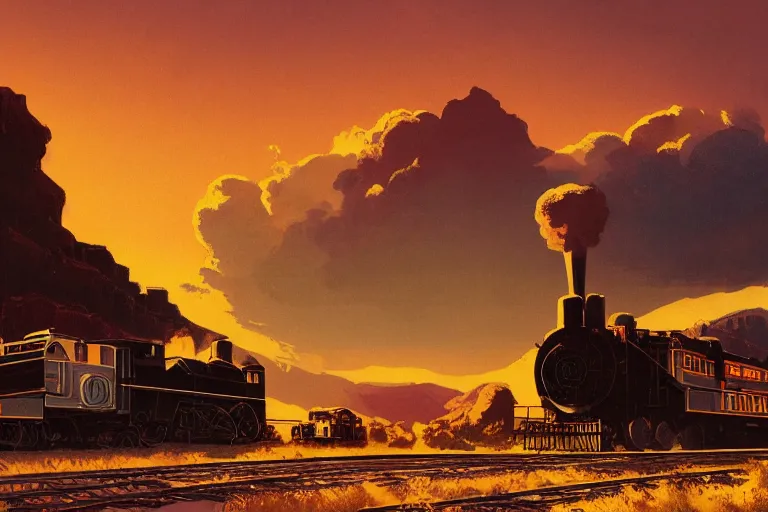 Image similar to idyllic old western train station illustration by syd mead, artstation, 4 k, graphic novel, concept art, matte painting, steam engine spewing billowy clouds of steam, beautiful mountain desert sunset background, golden hour