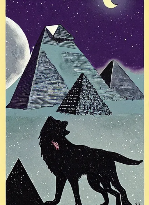 Prompt: a dire wolf howls in the moonlight near the pyramid of giza in the sky 2 3 twinkling purple stars on the cover of a vintage sandman graphic novel by dave mckean and james jean, muted colours, dreary atmosphere