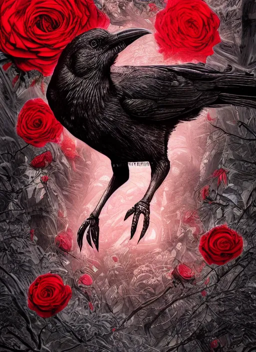 Image similar to portrait, A crow with red eyes in front of the full big moon, book cover, red roses, red white black colors, establishing shot, extremly high detail, foto realistic, cinematic lighting, pen and ink, intricate line drawings, by Yoshitaka Amano, Ruan Jia, Kentaro Miura, Artgerm, post processed, concept art, artstation, matte painting, style by eddie mendoza, raphael lacoste, alex ross