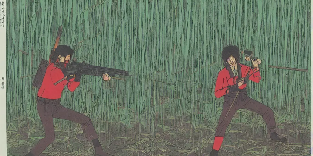 Prompt: japanese 1 9 8 0 s matte colorful illustration of a man sneaking through a swamp with a sniper rifle, 1 9 8 0 s stephen king, tense, cool,