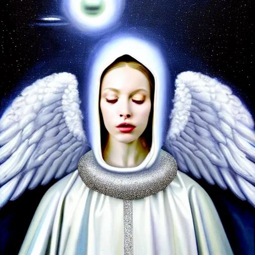 Image similar to beautiful high details hyper realistic painting of white angel in the hood coming from space with giant ball of miracle light from the chest!!!!!, 4 k hd face!!!, fashion face, no gender, giant silver holographic wings, by jan van eyck, holography space, white sparkles everywhere, thin strokes, high textures, silver background