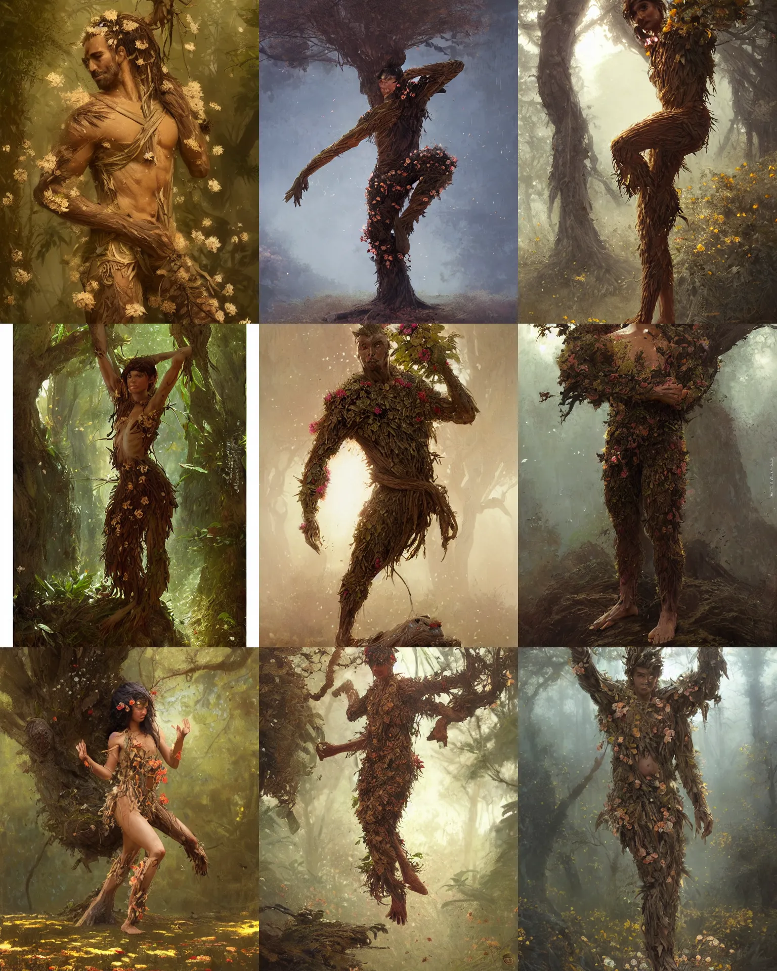 Prompt: person made of tree, bark for skin, leaf hair, covered in flowers, martial arts pose fantasy character portrait, full body, greg rutkowski, gaston bussiere